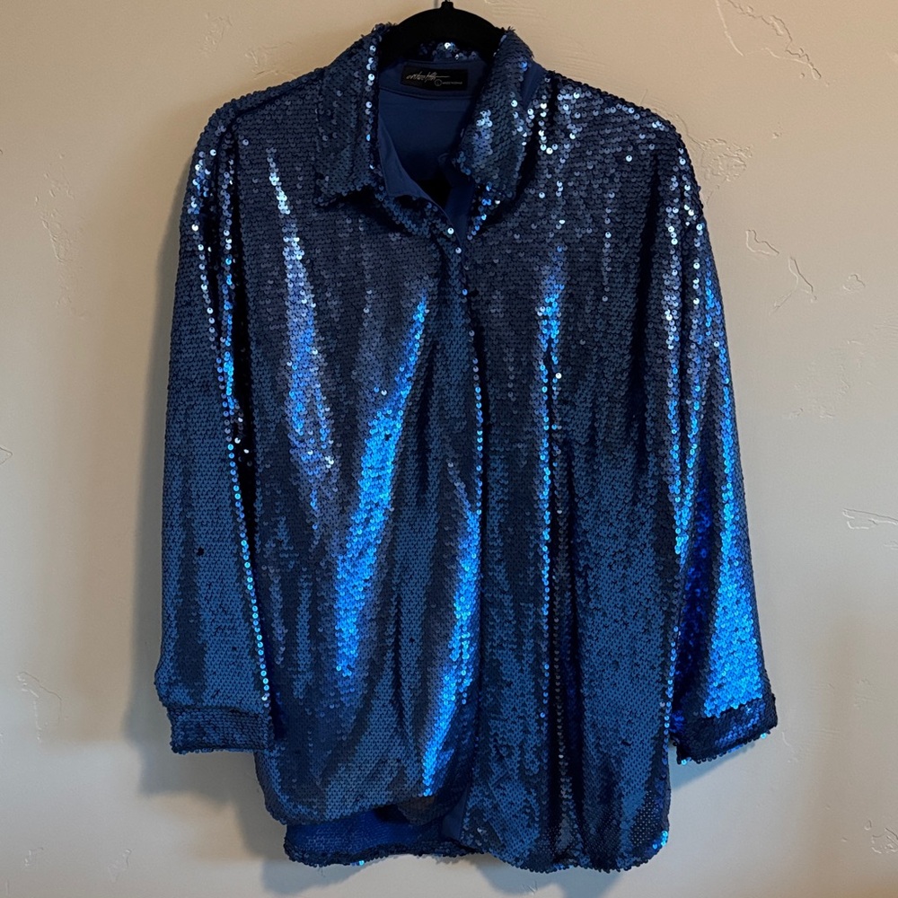 Ontwelfth blue sequin oversized button down holiday sparkle shirt